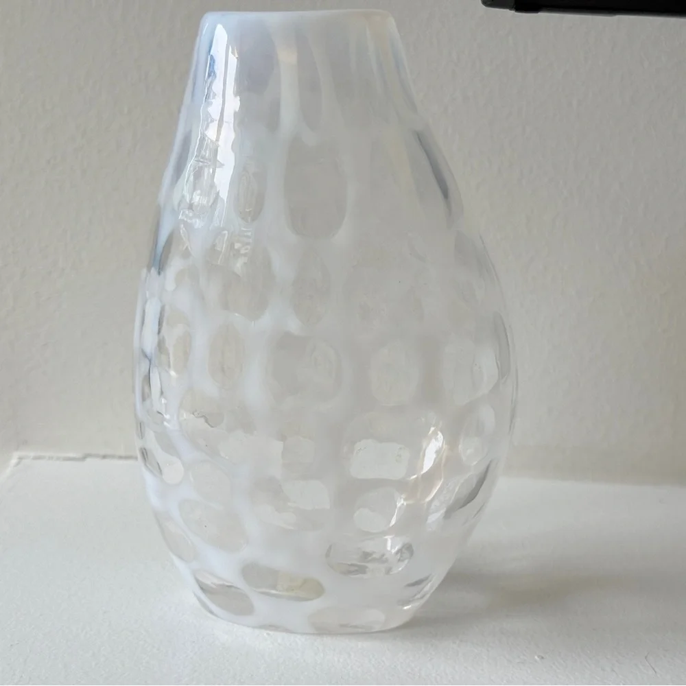 Crate & Barrel Moonstone Lacy Opalescent Clear White Art Glass Vase